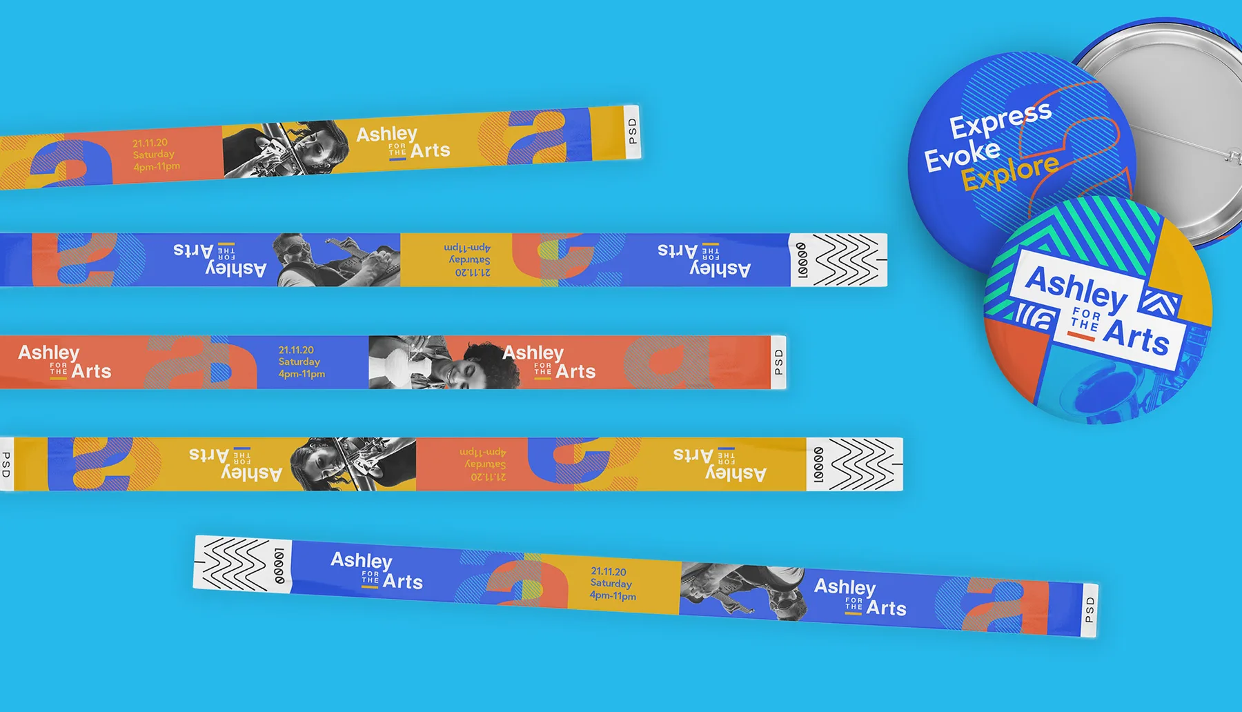 Ashley for the Arts wristbands and pins