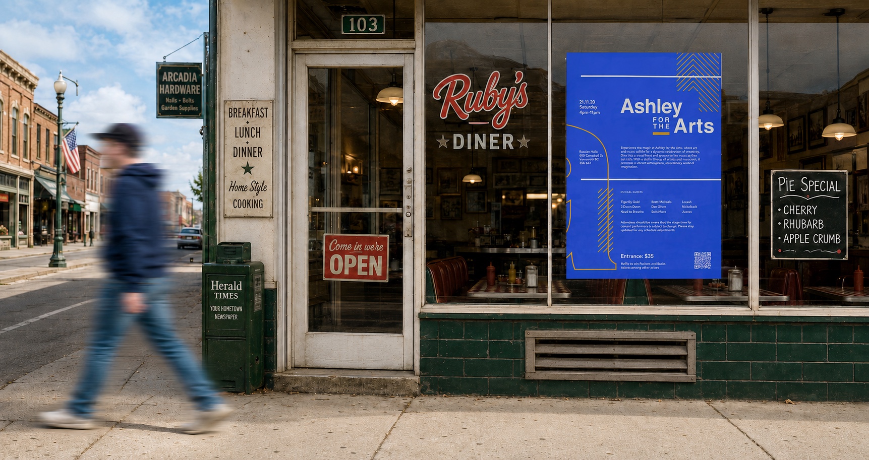 Ashley for the Arts poster displayed in a diner storefront window