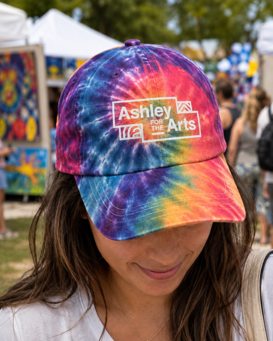 Ashley for the Arts branded tie-dye cap