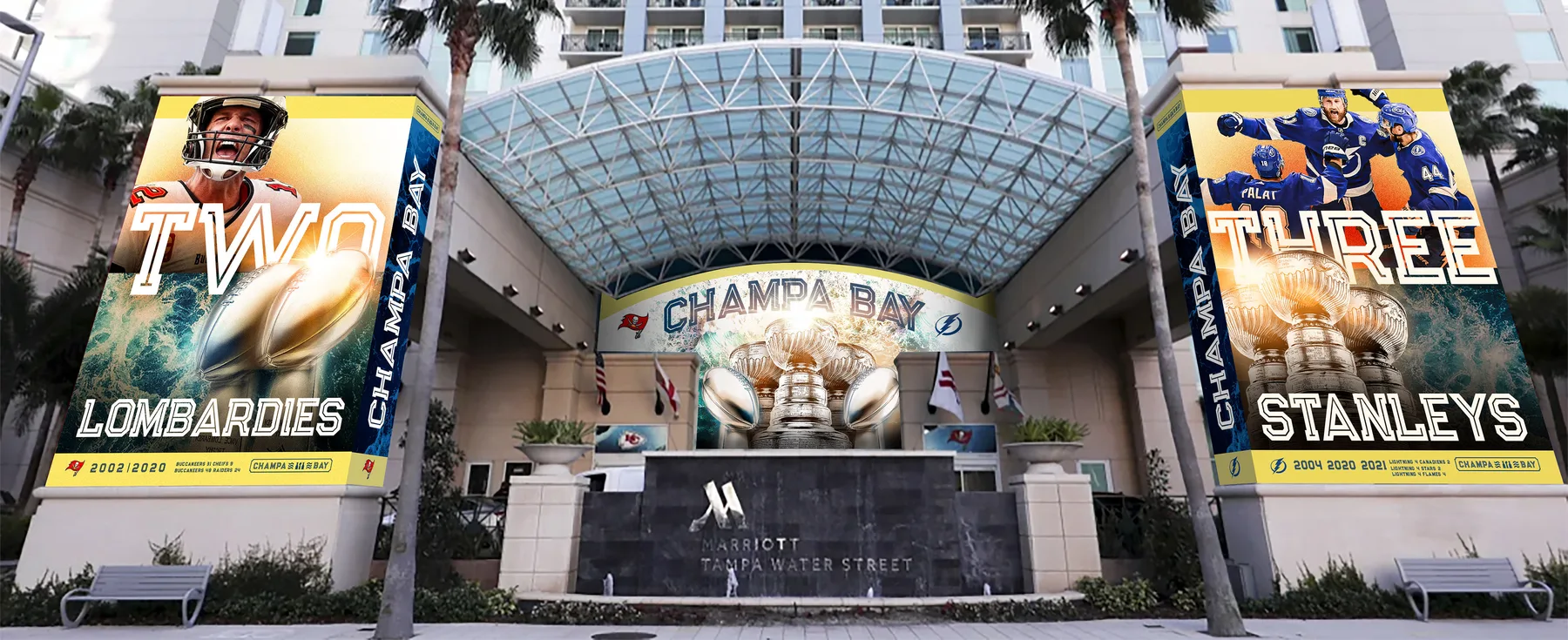 Champa Bay campaign banners on hotel exterior