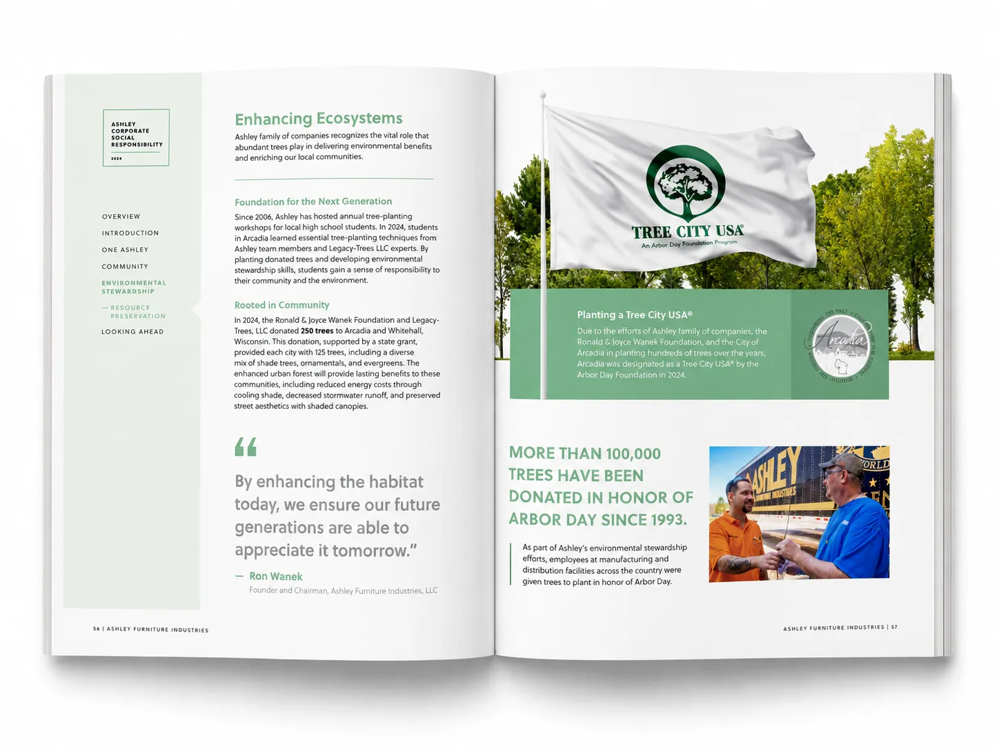 Open CSR report spread showing the Enhancing Ecosystems and Tree City USA tree-planting program.