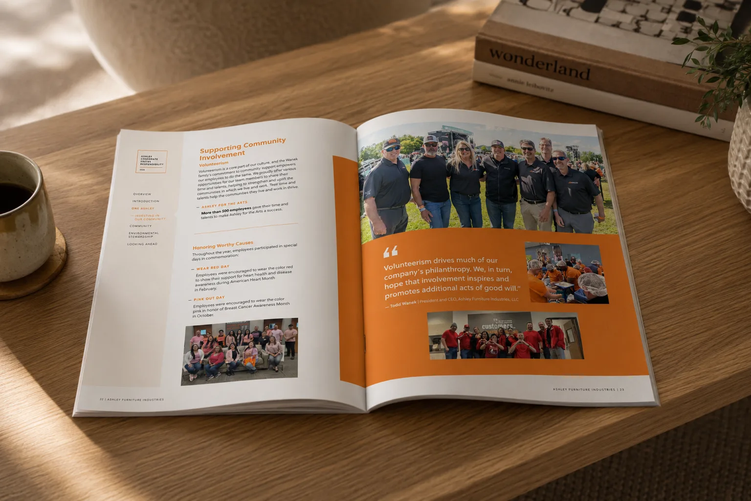Open CSR report spread highlighting community involvement and volunteerism.