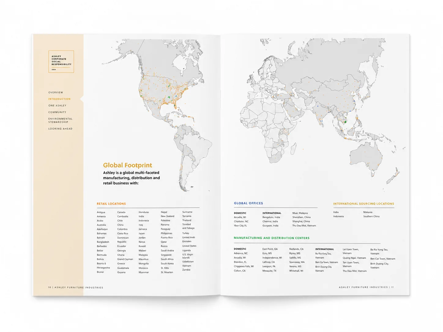 Open CSR report spread showing global footprint map and information design.