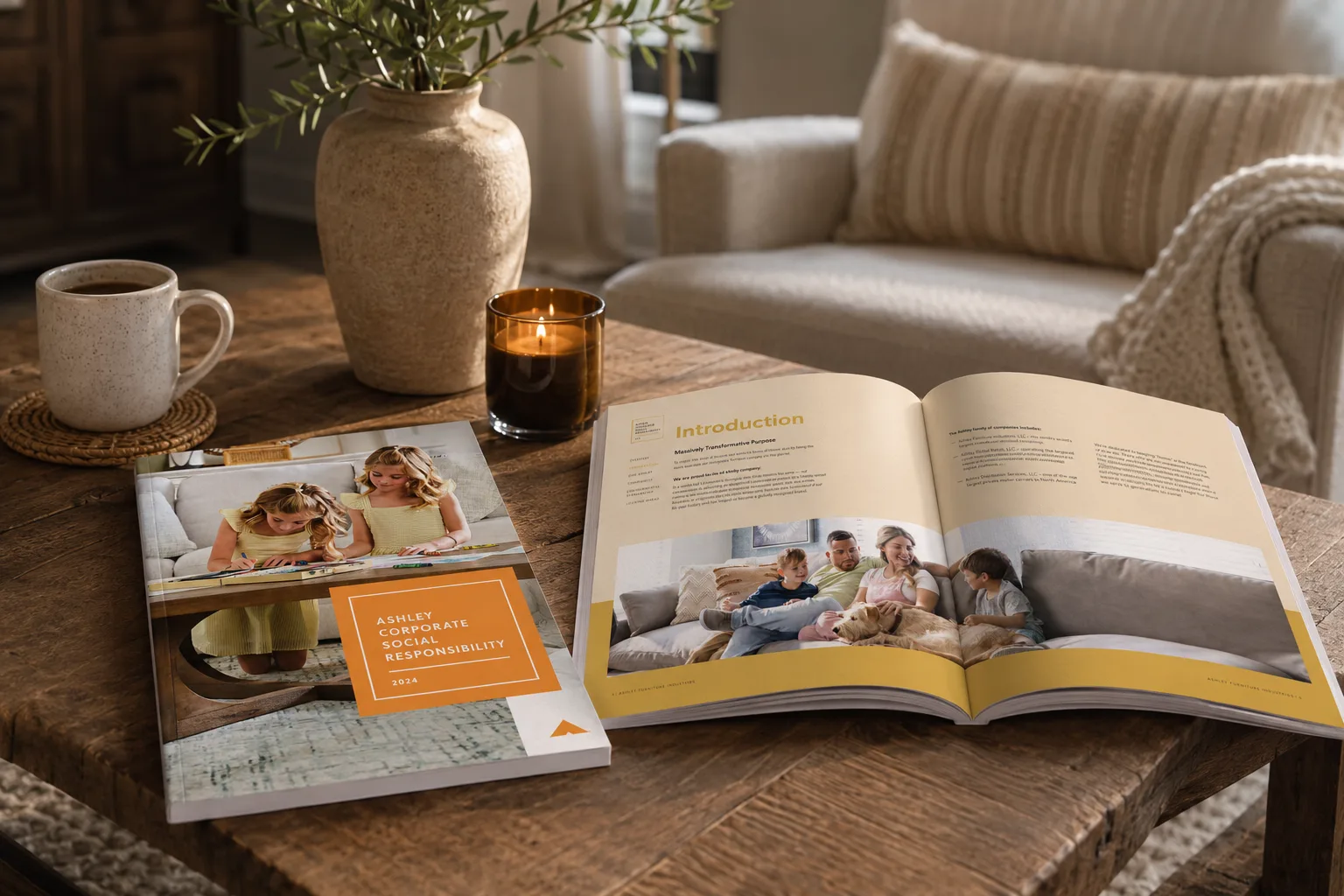 Ashley CSR report shown on a coffee table in a warm living room setting.
