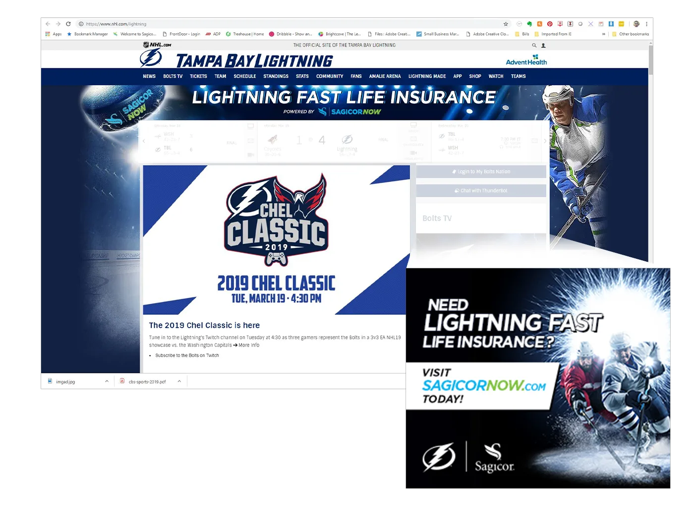 Sagicor × Tampa Bay Lightning website takeover ad and ancillary digital ads